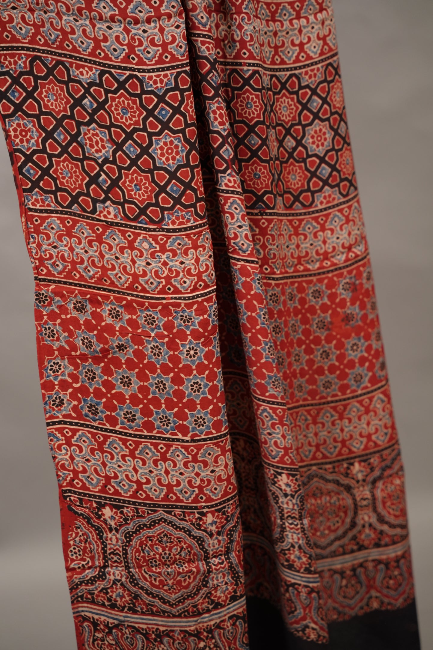 Maroon Authentic Ajrakh Handblock Printed Modal Silk Saree | Looms & Tassels