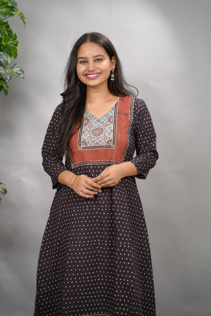 Black Ajrakh Pattern Hand Block printed Aline Kurti | Looms & Tassels