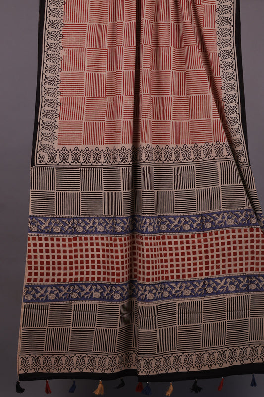 Bagru Handblock printed MulMul cotton saree with Tassels