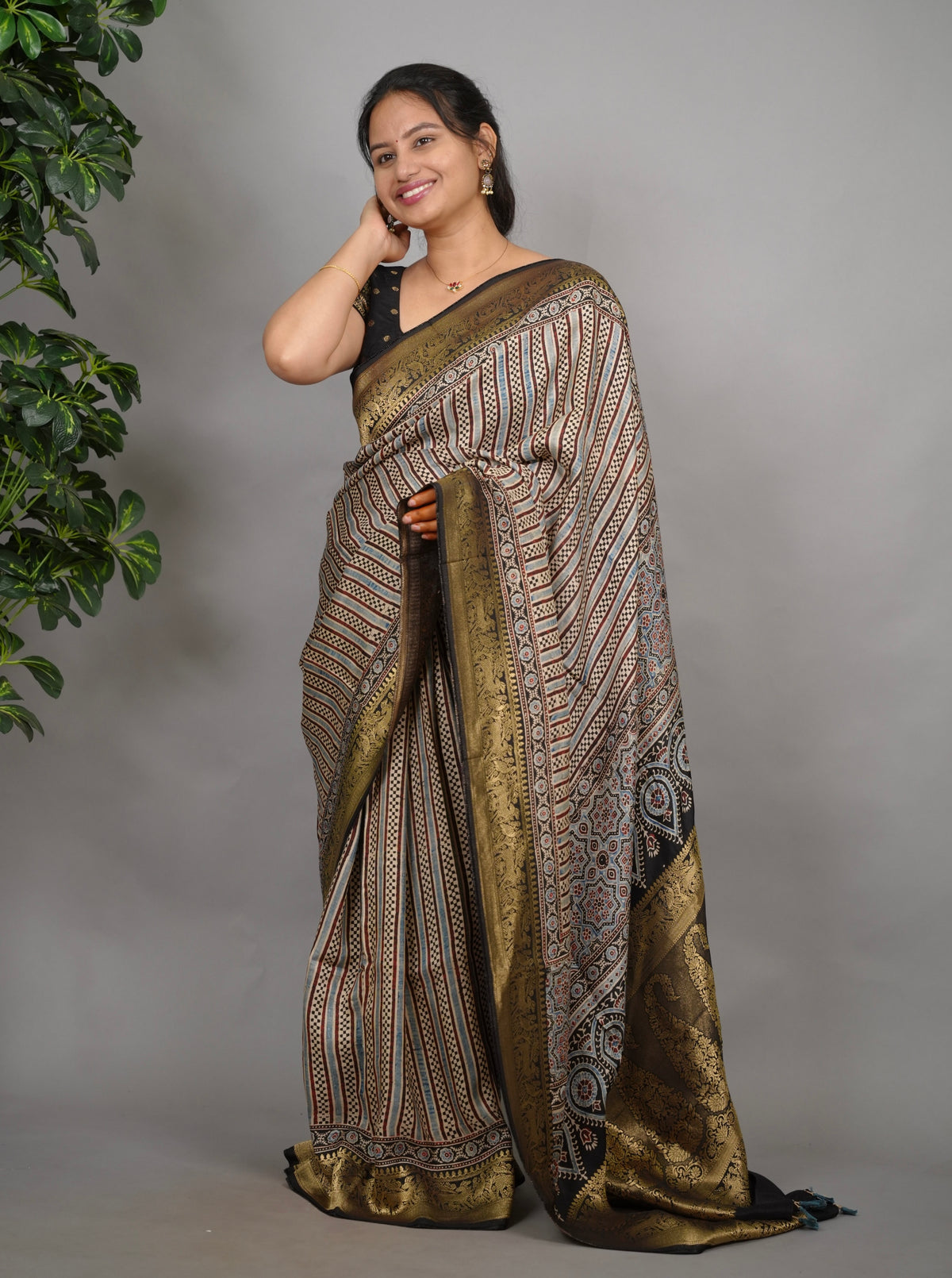 Contemporary Ajrakh Handblock printed Dola Silk Saree | Looms & Tassels