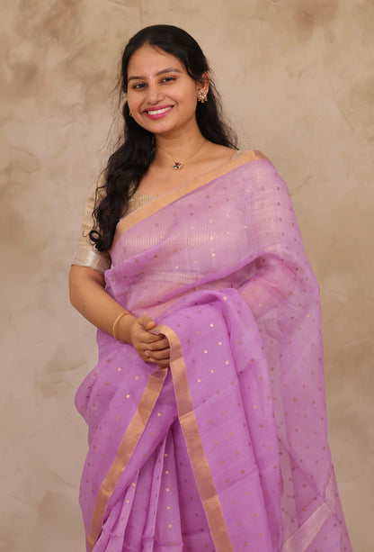 Pastel Lavender Handwoven Muslin Silk Saree With Sequence Work | Looms & Tassels