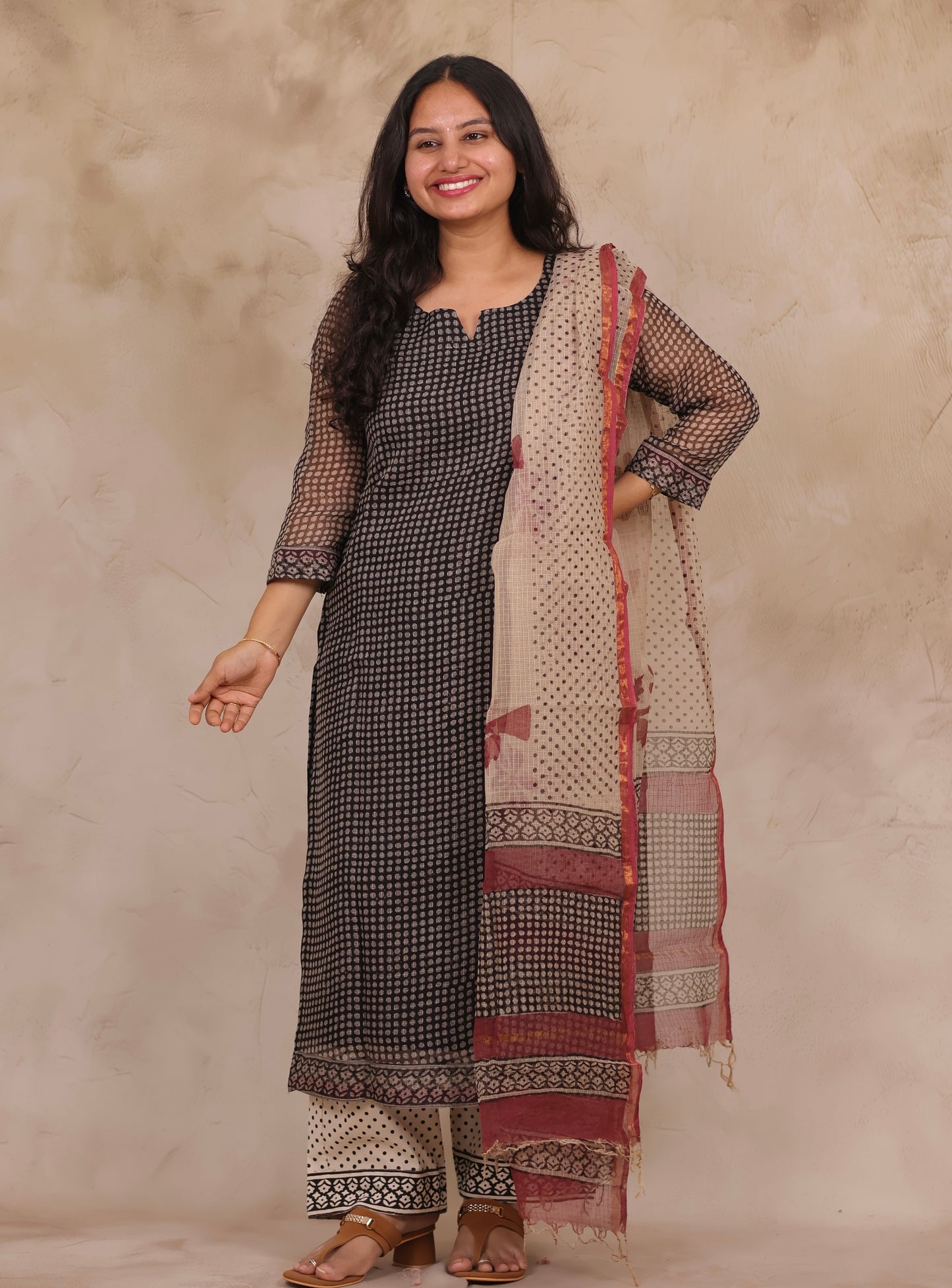 Black Polka Dots Handblock printed kota 3 piece suit (stitched)