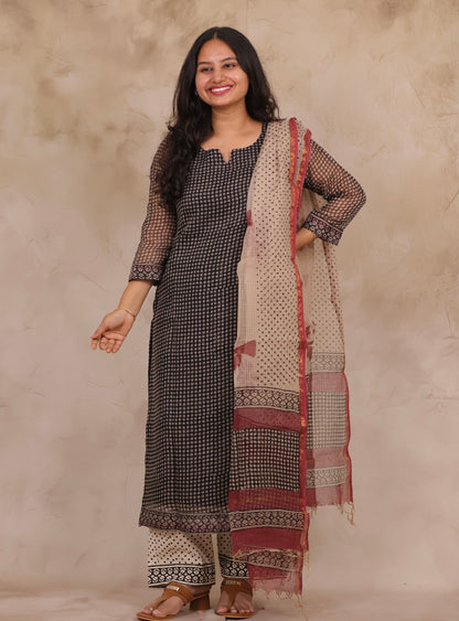 Black Polka Dots Handblock printed kota 3 piece suit (stitched)