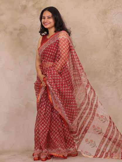 Red Pure Kota Doria Saree with Bagru Handblock Prints | Looms & Tassels