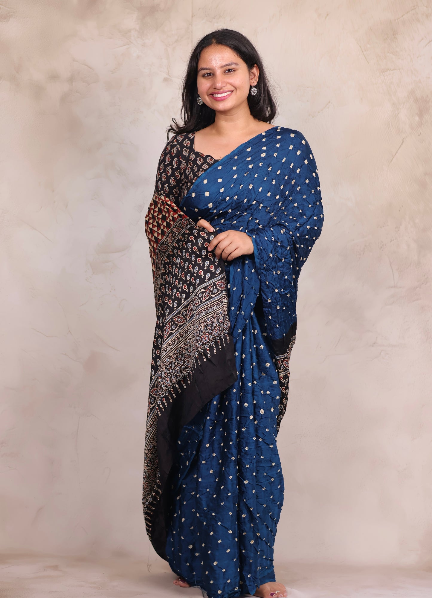 Blue Hand Knotted Bandhej Modal Silk Saree with Ajrakh Pallu | Looms & Tassels
