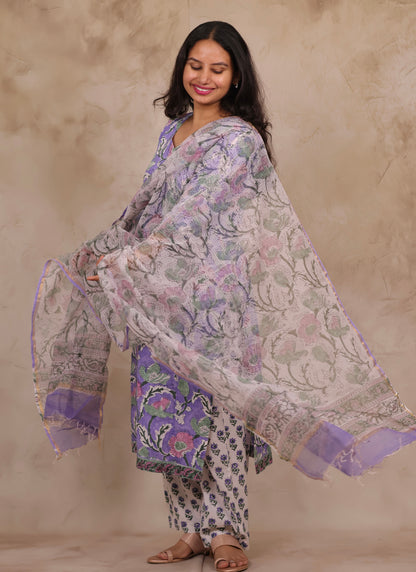 Lavender Handblock printed Pure Mul Cotton with Kota Doria Duppata 3 piece suit (stitched)