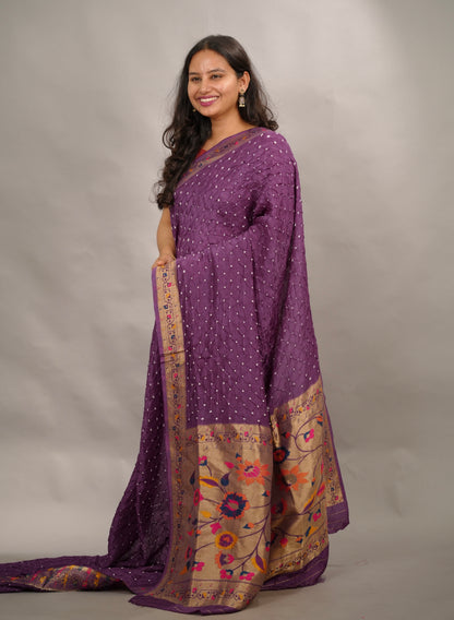 Purple Handcrafted Bandhani Paithani Dola Silk Saree | Looms & Tassels