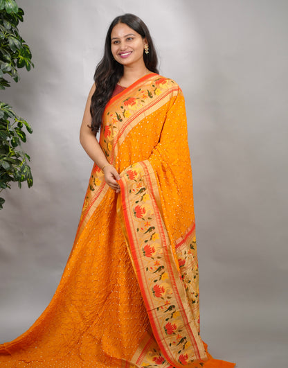 Yellow Handcrafted Bandhani Paithani Dola Silk Saree | Looms & Tassels
