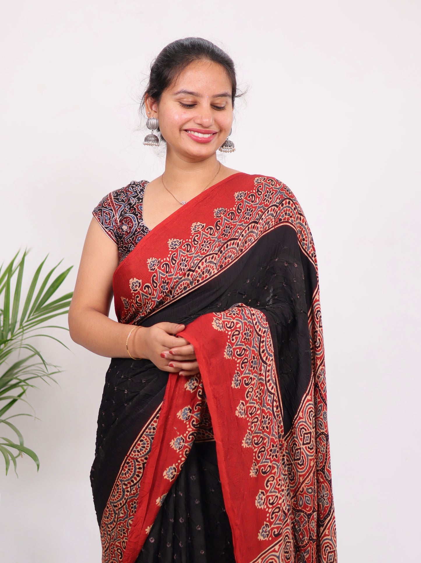 Black Ajrakh Bandhej Modal Silk Saree