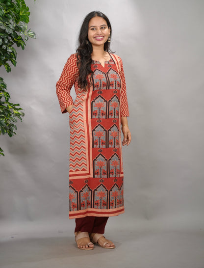 Red Ajrakh Pattern Hand Block printed Kurti | Looms & Tassels