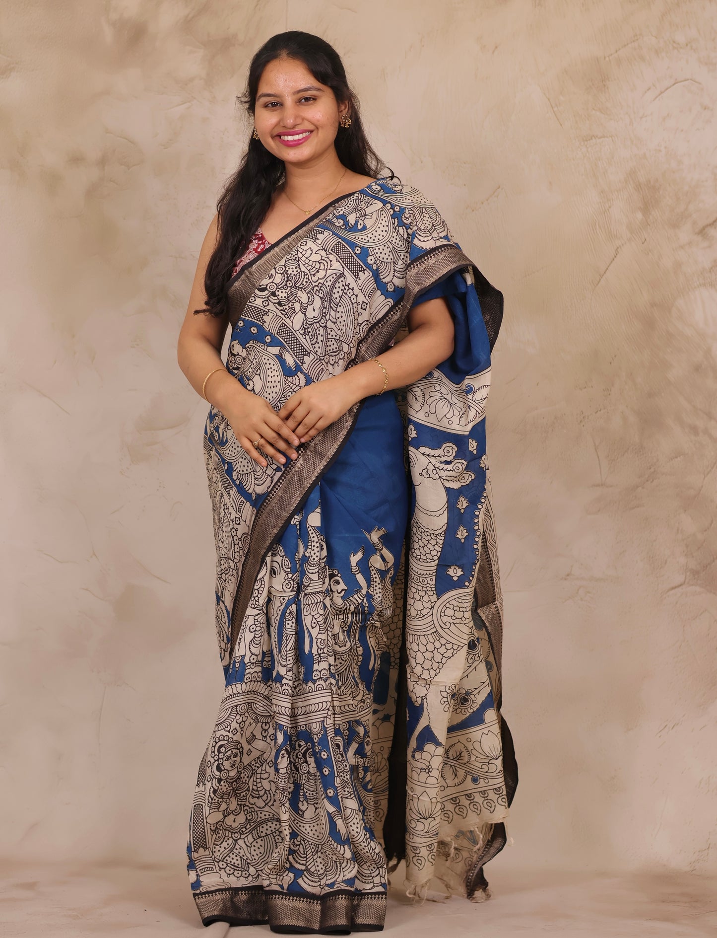 Cyan Blue Story Telling Kalamkari Nizam Border Chennur Silk Saree | Looms & Tassels