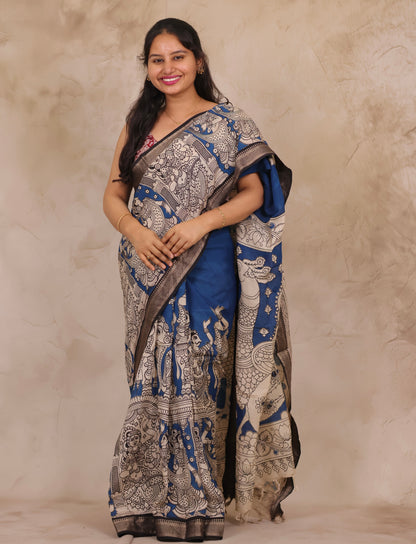 Cyan Blue Story Telling Kalamkari Nizam Border Chennur Silk Saree | Looms & Tassels