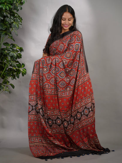 Maroon Ajrakh Modal Silk Hand Embroidery Saree  | Looms & Tassels