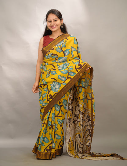 Yellow Kalamkari Nizam Border Chennur Silk Saree | Looms & Tassels
