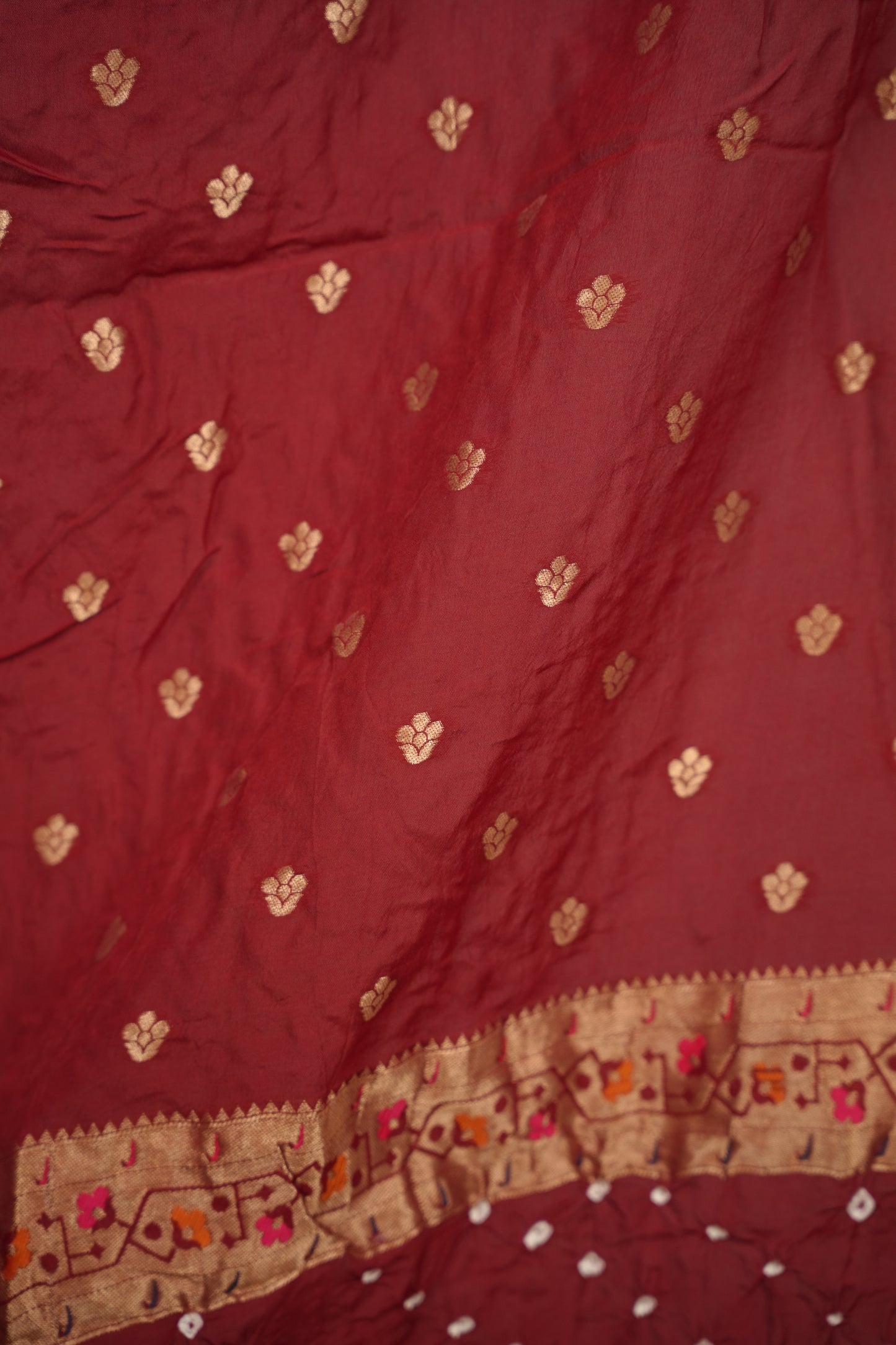 Maroon Handcrafted Bandhani Paithani Dola Silk Saree | Looms & Tassels