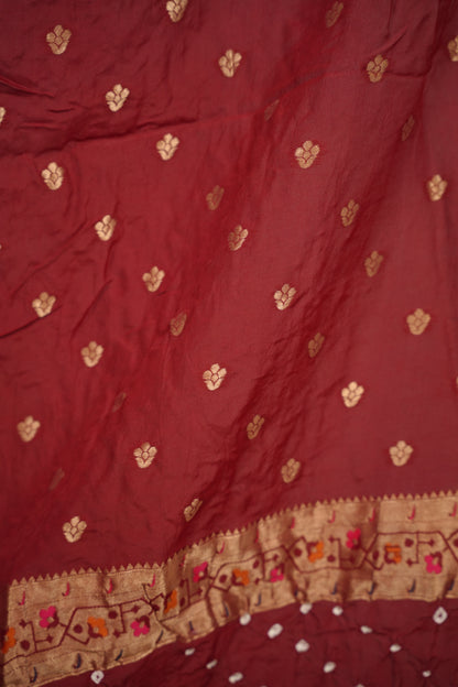 Maroon Handcrafted Bandhani Paithani Dola Silk Saree | Looms & Tassels