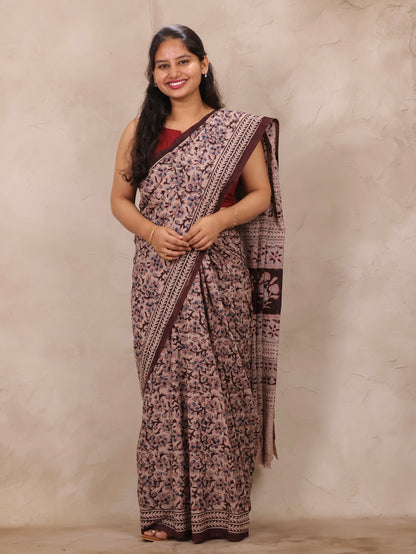 Brown Hand Block Printed Kalamkari Cotton Saree | Looms & Tassels