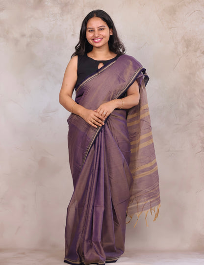Lavender Narayanpet Cotton Saree with Ikkat Blouse Piece | Looms & Tassels