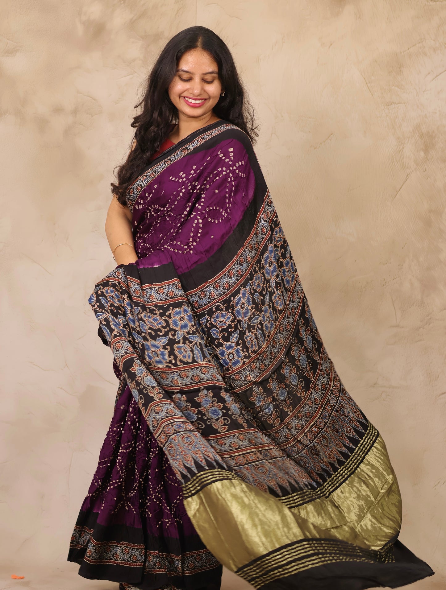 Jamun Hand Knotted Bandhej Arakh Modal Silk Saree with Lagdi Pallu | Looms & Tassels