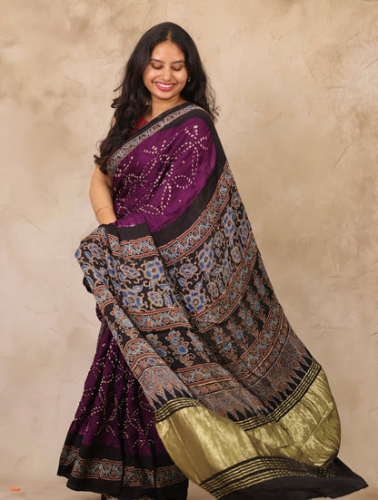 Jamun Hand Knotted Bandhej Arakh Modal Silk Saree with Lagdi Pallu | Looms & Tassels