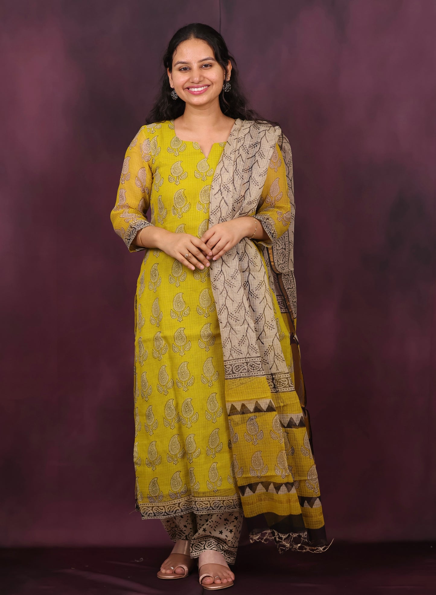 Yellow Handblock printed kota 3 piece suit (stitched)