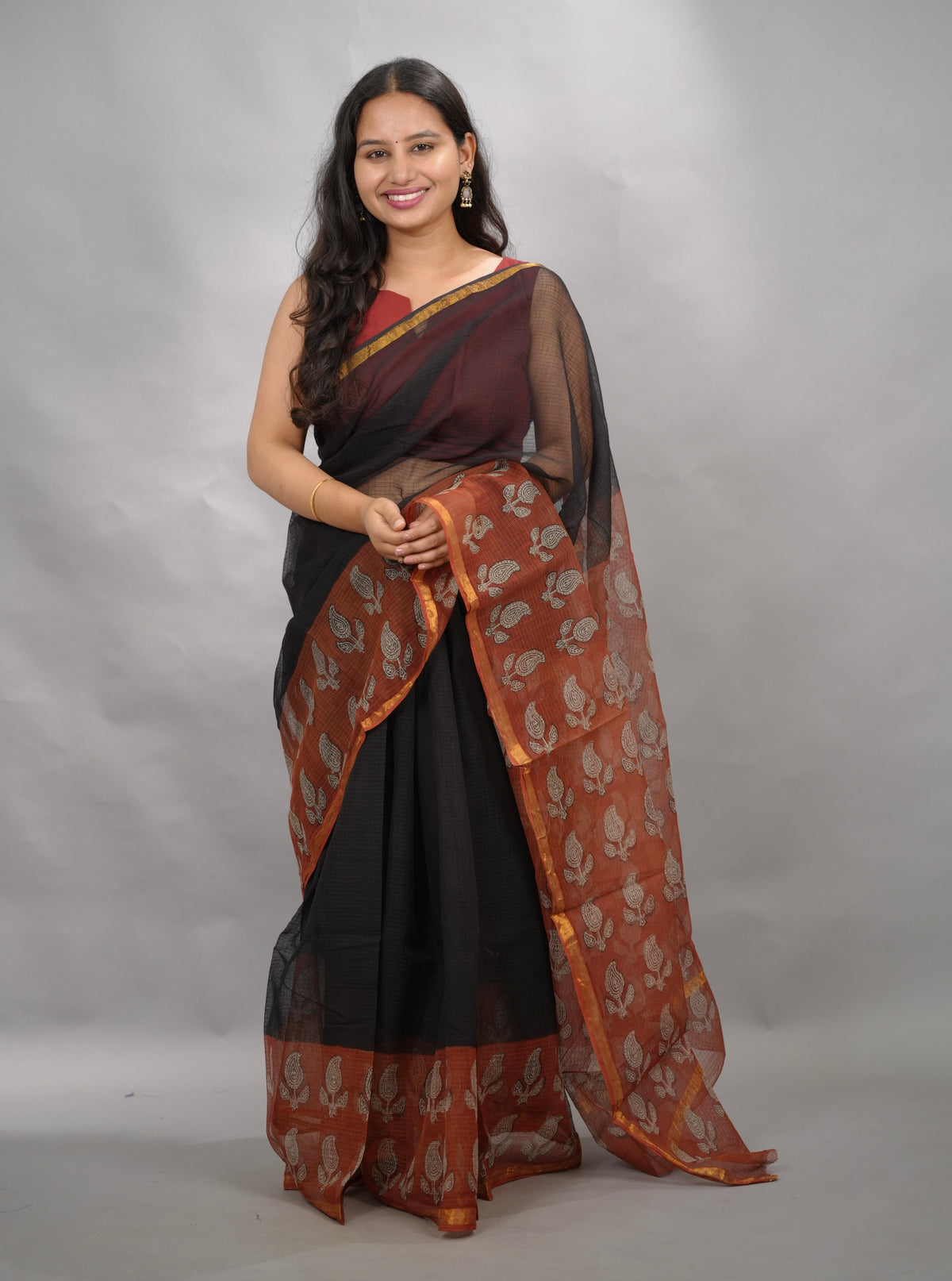 Black & Maroon Pure Kota Doria Saree with Bagru Handblock Prints | Looms & Tassels