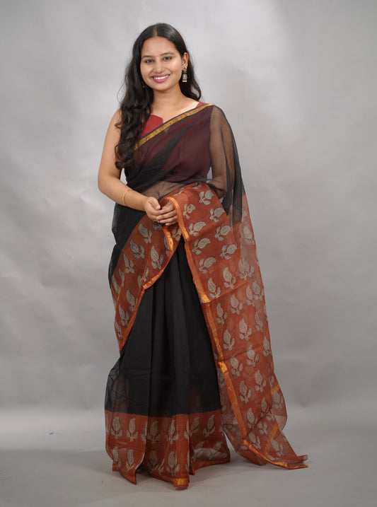 Black & Maroon Pure Kota Doria Saree with Bagru Handblock Prints | Looms & Tassels