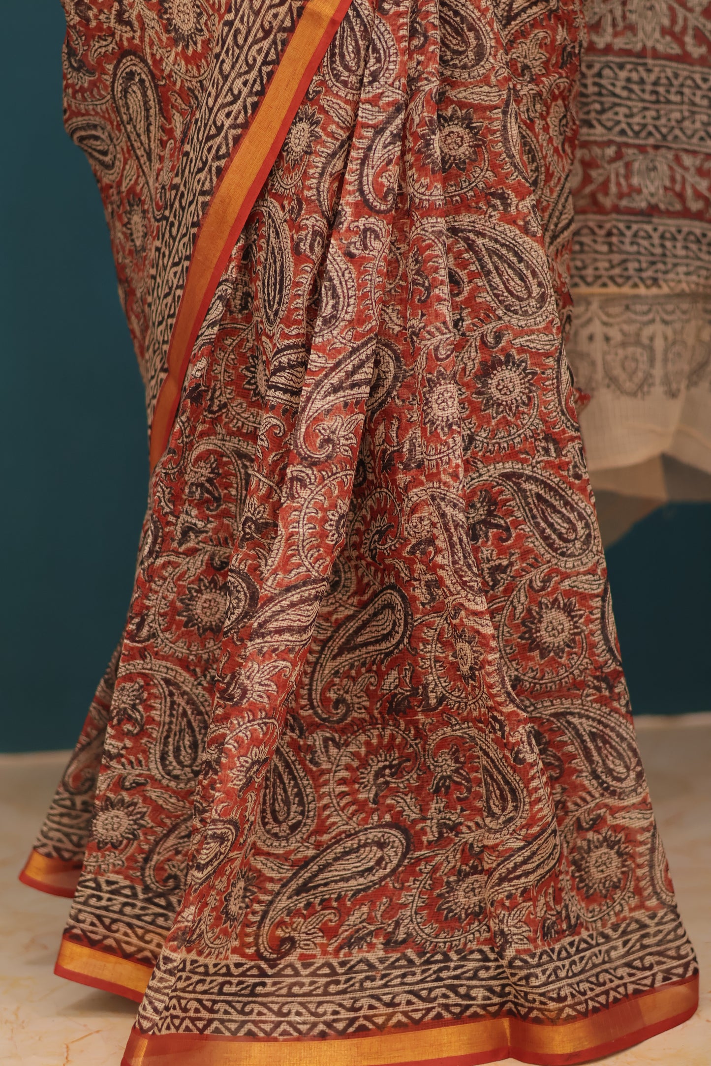 Kalamkari Hand block printed Kota Doria Saree