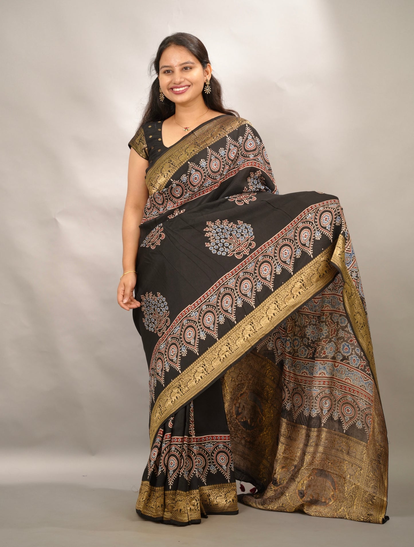 Black Ajrakh Handblock printed Dola Silk Saree | Looms & Tassels