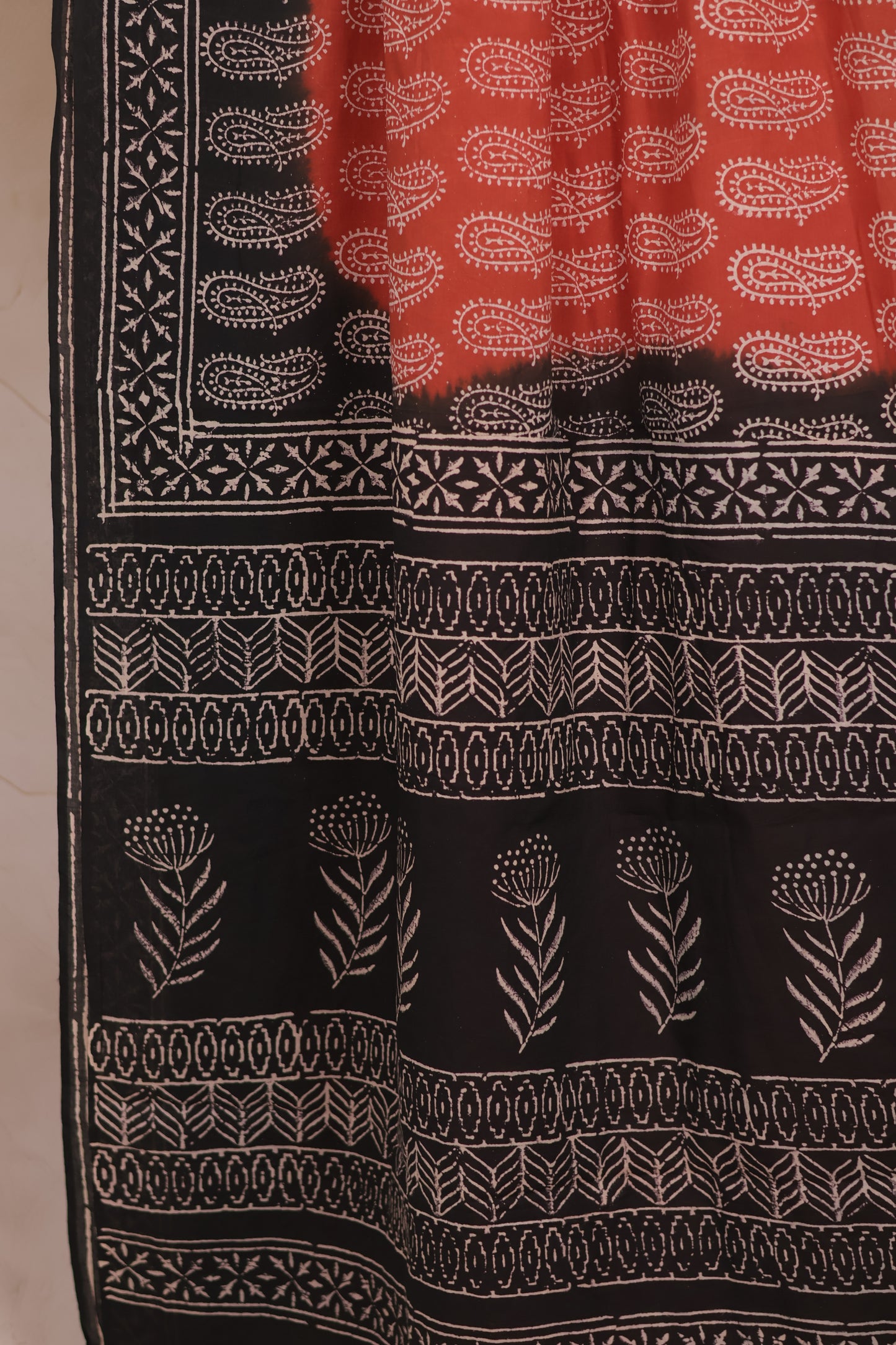 Elephant Grey & Rust Orange Bagru Handblock printed MulMul cotton saree | Looms & Tassels