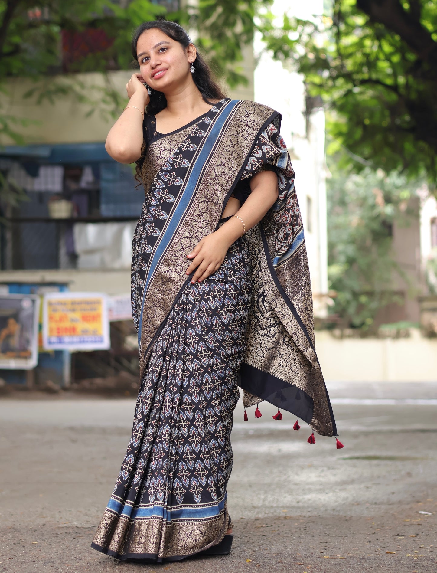 Black Ajrakh Dola Silk Saree