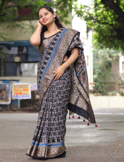 Black Ajrakh Dola Silk Saree