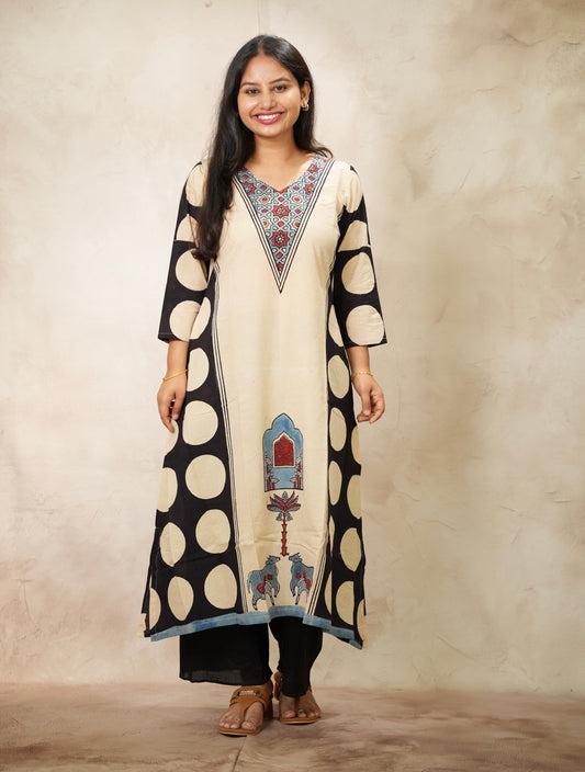 Cream Ajrakh Pattern Hand Block printed Aline Kurti | Looms & Tassels