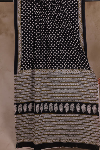 Black Polka Dots Bagru Handblock printed MulMul cotton saree | Looms & Tassels