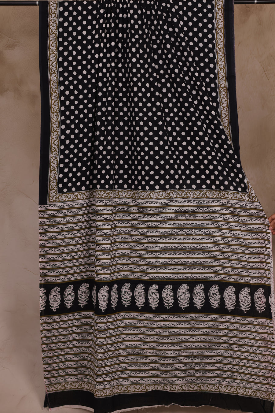 Black Polka Dots Bagru Handblock printed MulMul cotton saree | Looms & Tassels