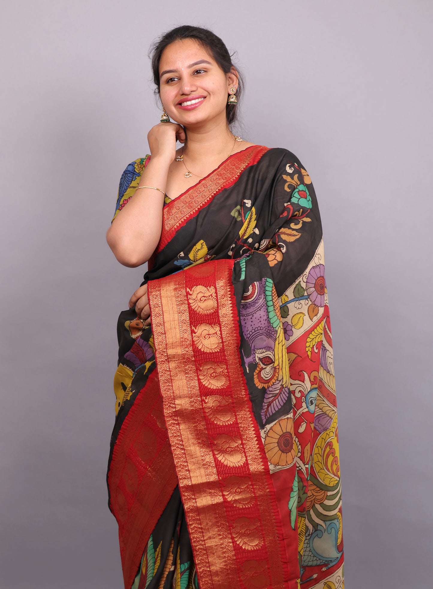 Black Hand Painted Pen Kalamkari Silk Saree