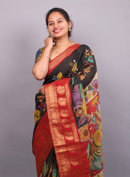 Black Hand Painted Pen Kalamkari Silk Saree