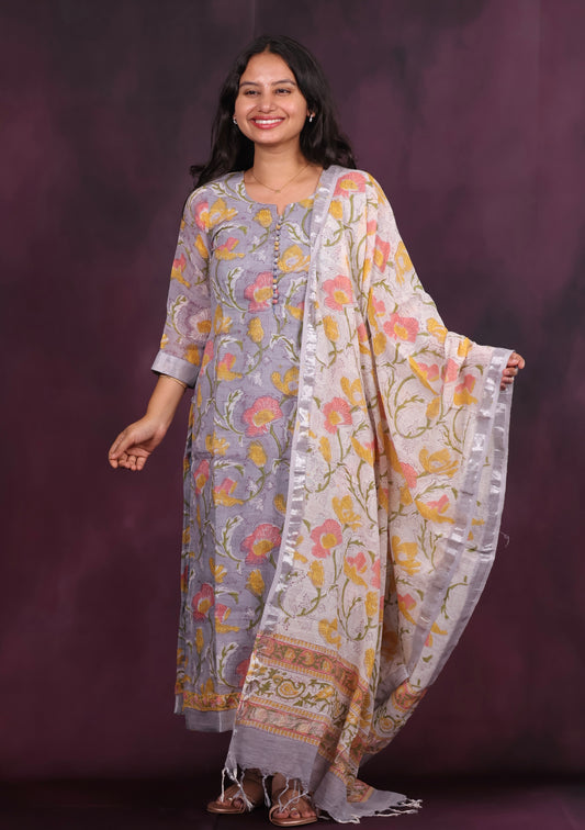 Grey Linen Cotton Handblock printed 3 piece suit (stitched)