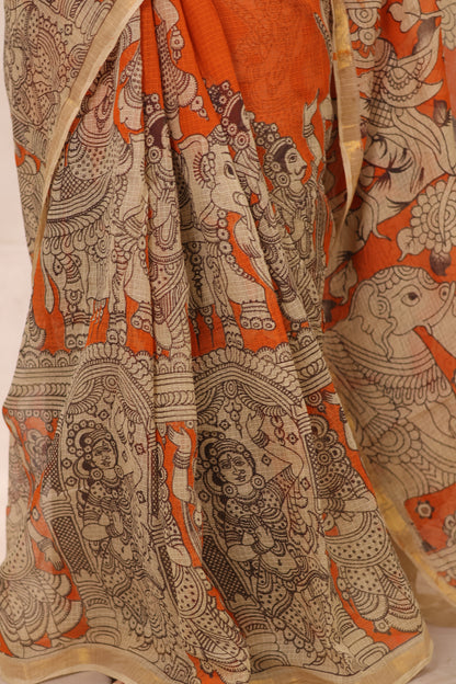 Orange Kota Doria Saree with Kalamkari Handblock Prints | Looms & Tassels