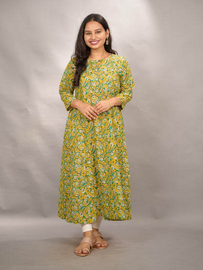 Mustard Yellow Pure Mul Cotton Kali Kurta  | Looms & Tassels
