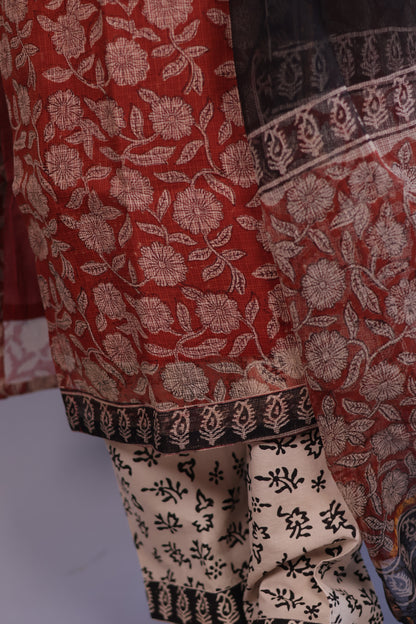 Rust Maroon Handblock printed kota 3 piece suit (stitched)