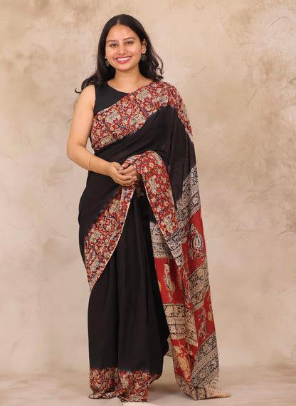 Black Kalamkari Dyeing Pure Cotton Saree