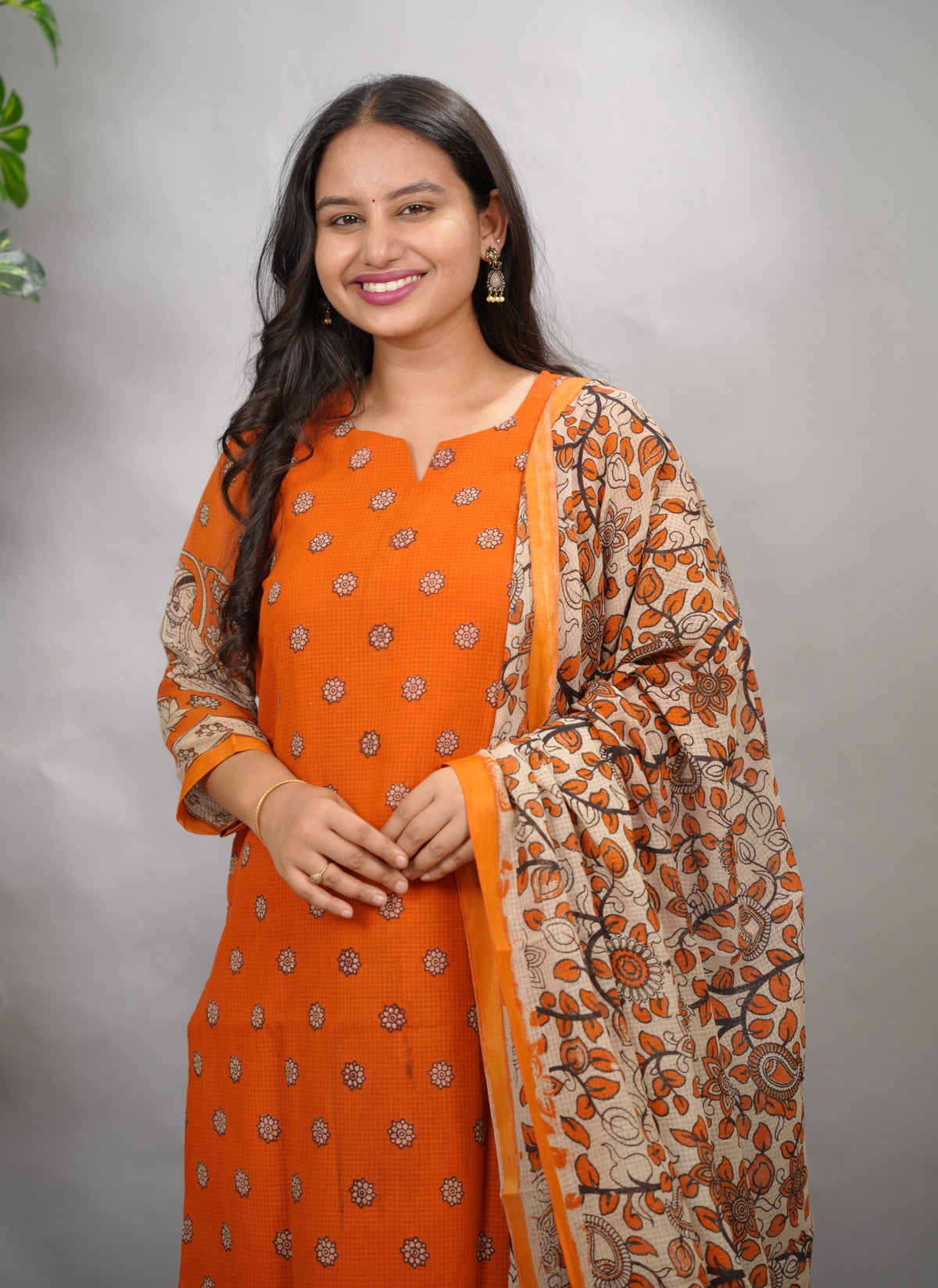 Orange Kalamkari Kota Cotton 3 piece suit (stitched) | Looms & Tassels