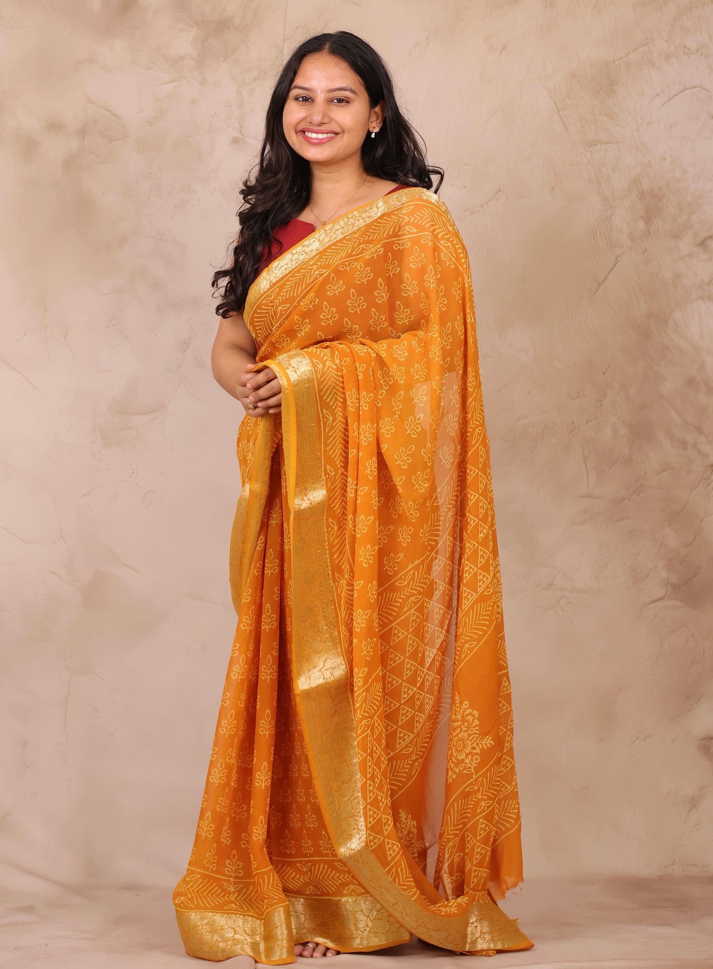 Mustard Chiffon Hand Block Printed Saree with Jari Border | Looms & Tassels
