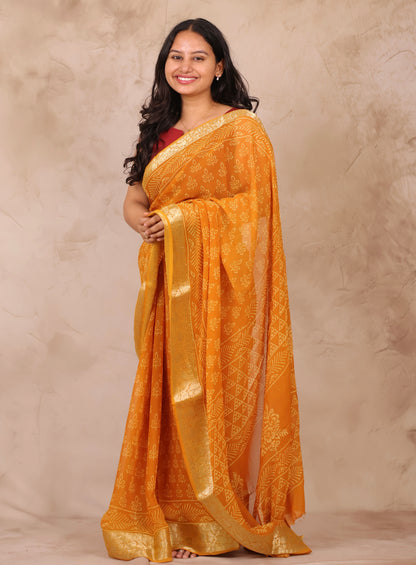 Mustard Chiffon Hand Block Printed Saree with Jari Border | Looms & Tassels