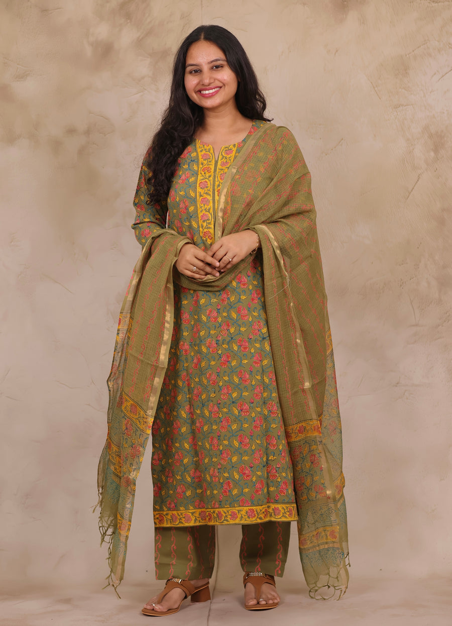 Mehendi Green Handblock printed Pure Mul Cotton with Kota Doria Duppata 3 piece suit (stitched)