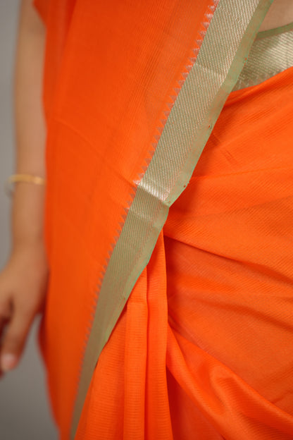 Orange Handloom Mangalagiri Silk Saree| Looms & Tassels