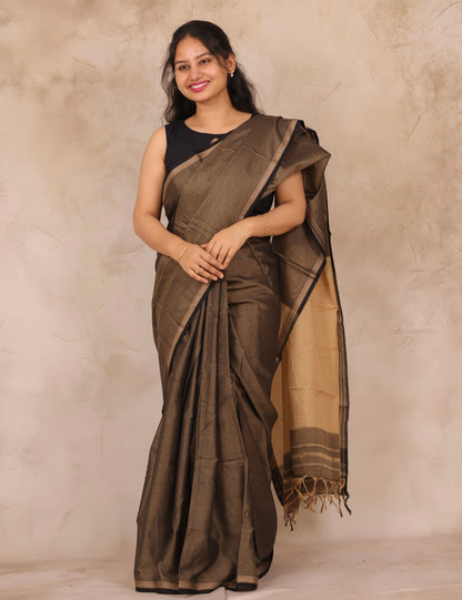 Grey & Black Narayanpet Cotton Saree | Looms & Tassels