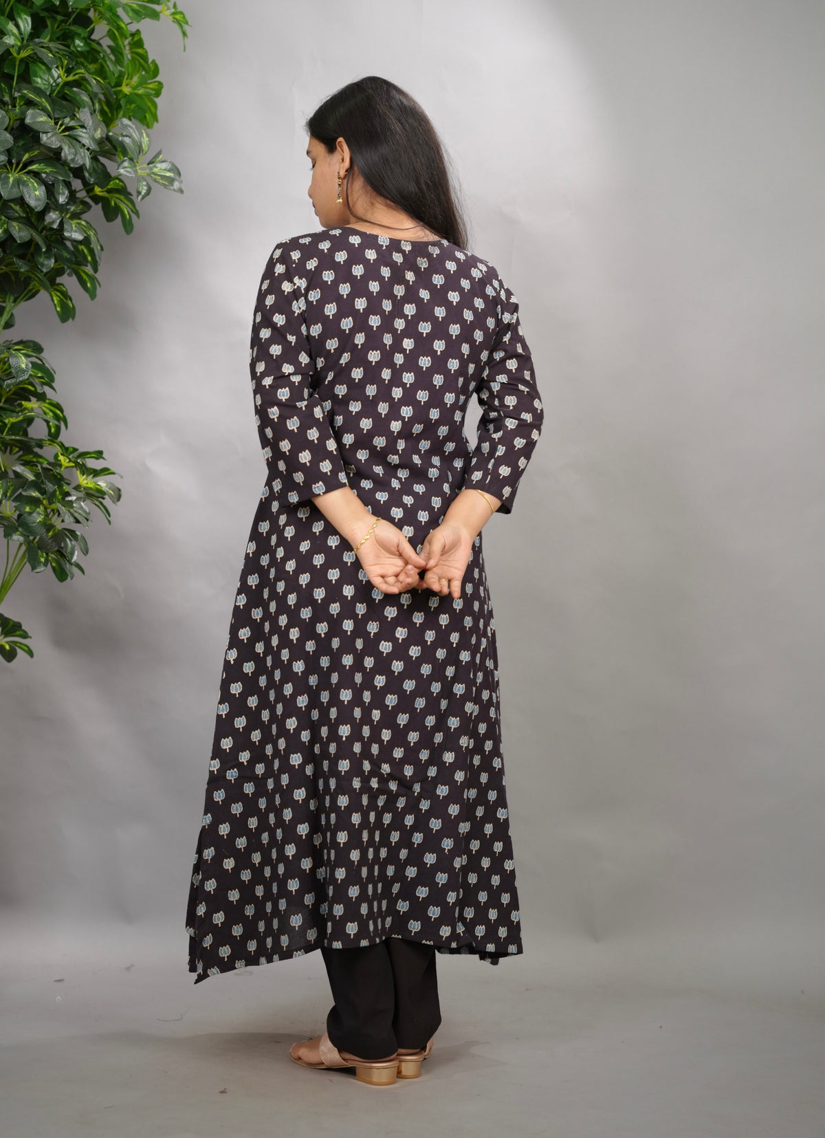Black Ajrakh Pattern Hand Block printed Aline Kurti | Looms & Tassels