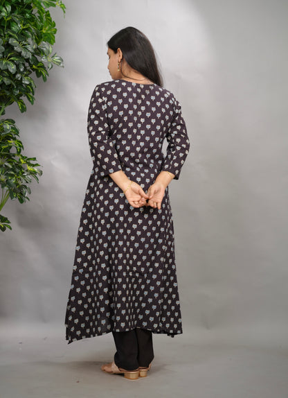 Black Ajrakh Pattern Hand Block printed Aline Kurti | Looms & Tassels